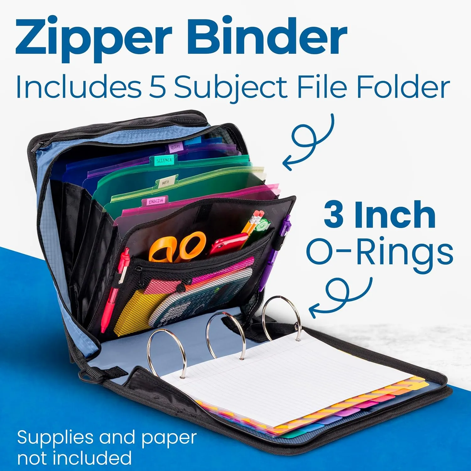 Case-it The Print Mighty Zip Tab Zipper Binder - 3 Inch O-Rings - 5 Color Tab Expanding File Folder - Multiple Pockets - 600 Sheet Capacity - Comes with Shoulder Strap - Glacier D-146-P