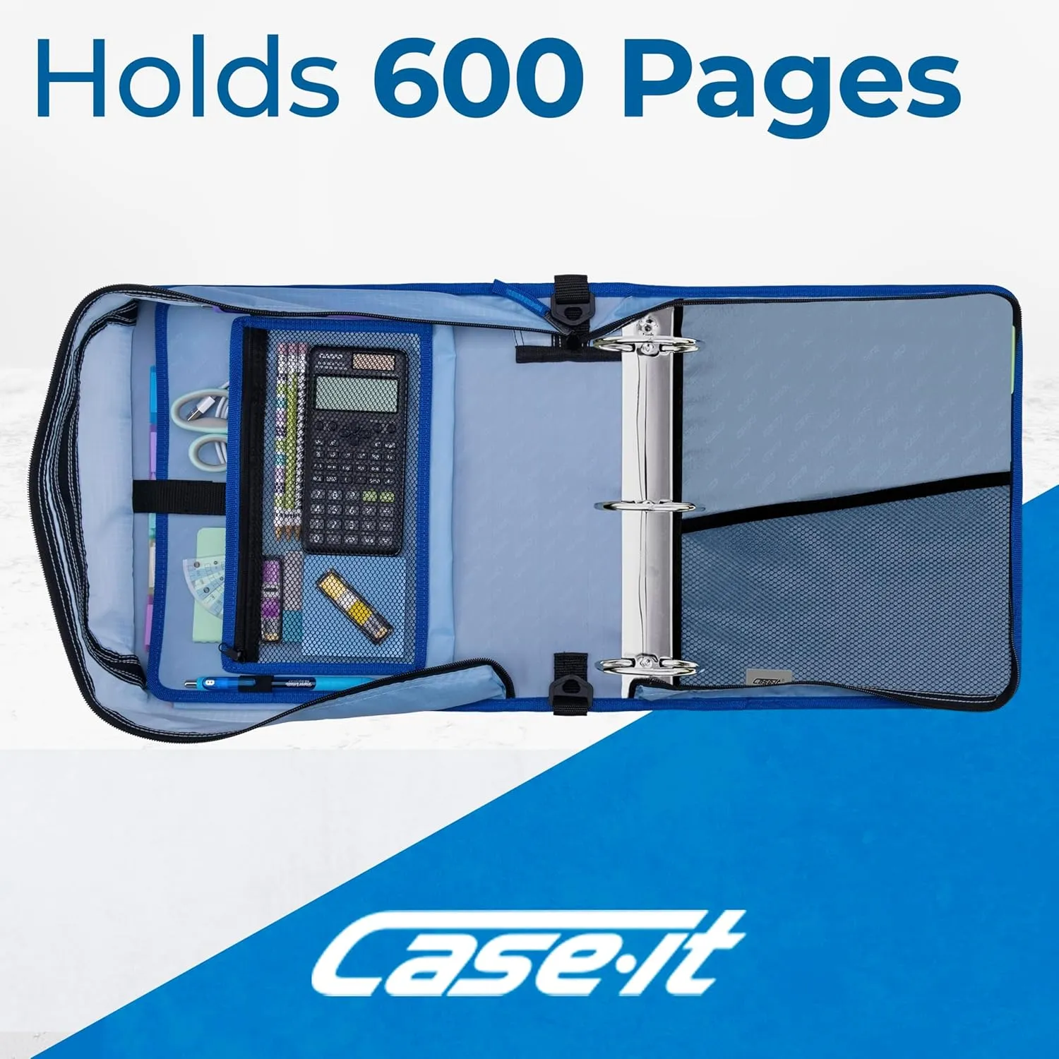 Case-it The Print Mighty Zip Tab Zipper Binder - 3 Inch O-Rings - 5 Color Tab Expanding File Folder - Multiple Pockets - 600 Sheet Capacity - Comes with Shoulder Strap - Glacier D-146-P