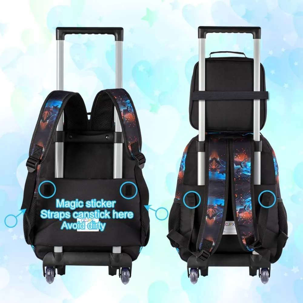 CCJPX 3PCS Dinosaur Rolling Backpack for Boys,Kids Backpacks with Roller Wheels, Wheeled Bookbag with Lunch Box for Toddler Elementary School-Black