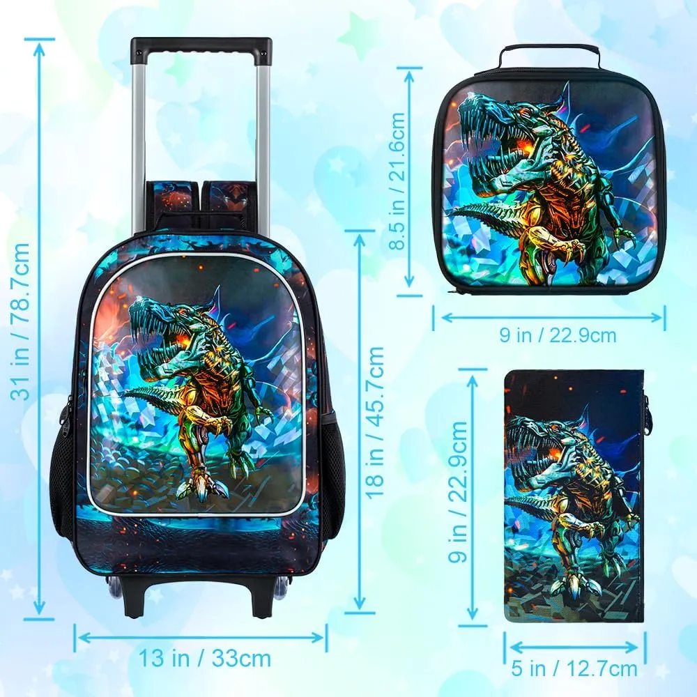 CCJPX 3PCS Dinosaur Rolling Backpack for Boys,Kids Backpacks with Roller Wheels, Wheeled Bookbag with Lunch Box for Toddler Elementary School-Black