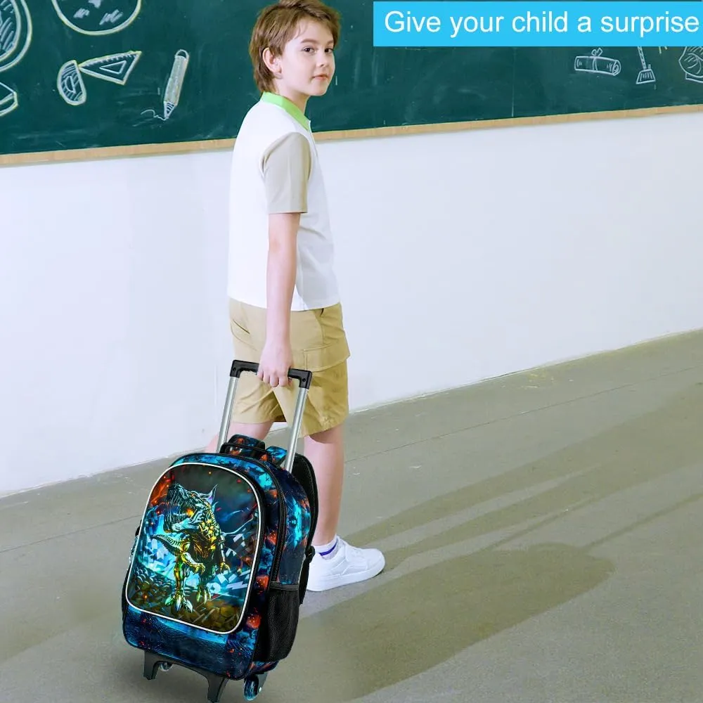 CCJPX 3PCS Dinosaur Rolling Backpack for Boys,Kids Backpacks with Roller Wheels, Wheeled Bookbag with Lunch Box for Toddler Elementary School-Black