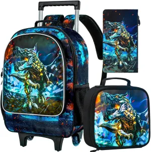 CCJPX 3PCS Dinosaur Rolling Backpack for Boys,Kids Backpacks with Roller Wheels, Wheeled Bookbag with Lunch Box for Toddler Elementary School-Black