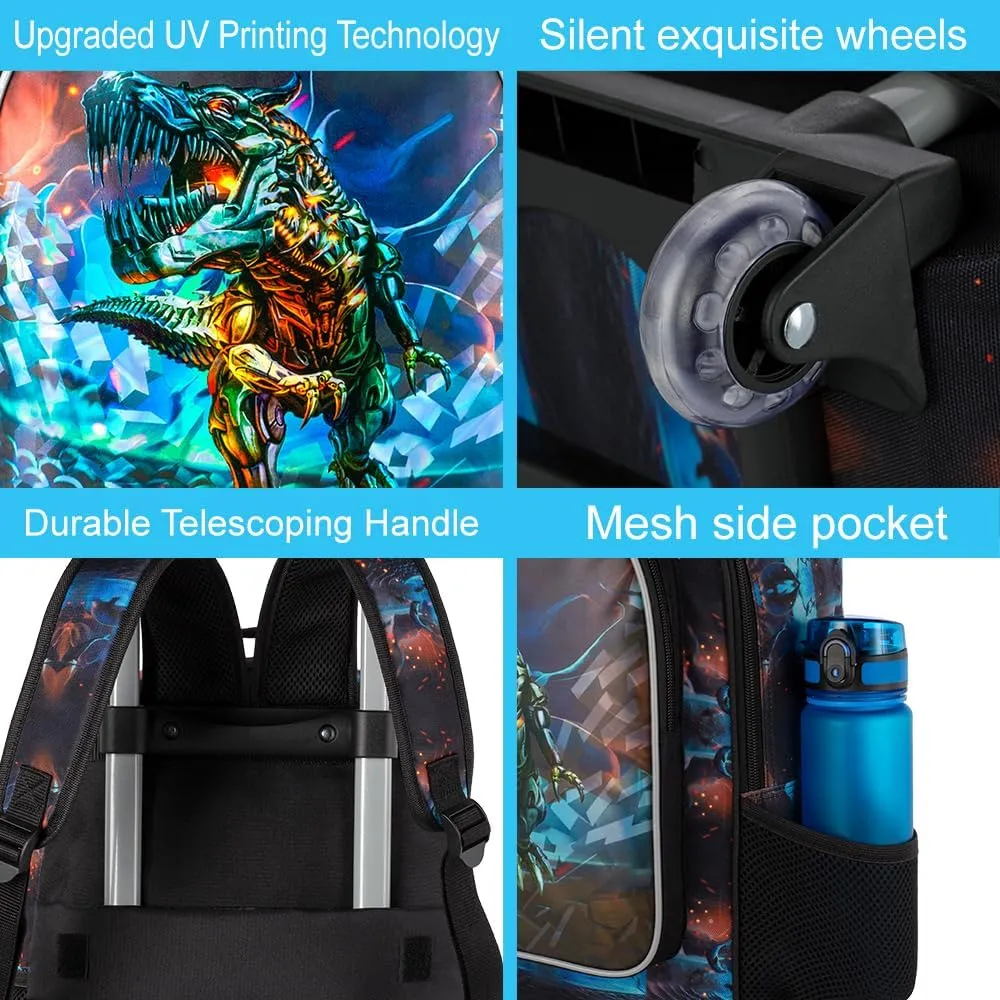 CCJPX 3PCS Dinosaur Rolling Backpack for Boys,Kids Backpacks with Roller Wheels, Wheeled Bookbag with Lunch Box for Toddler Elementary School-Black