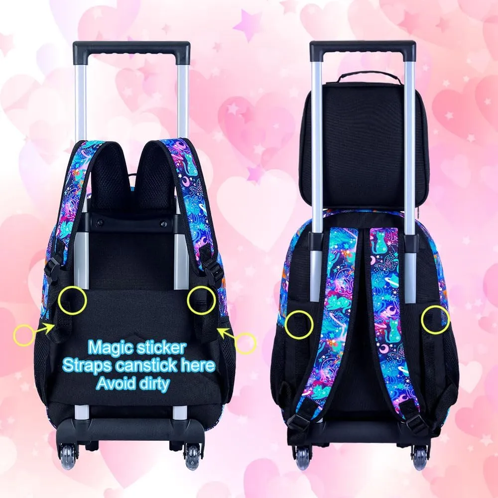 CCJPX 4PCS Rolling Backpack for Girls, Kids Cat Roller Wheels School Bookbag with Lunch Bag, Wheeled School Bag for Toddler Elementary Children