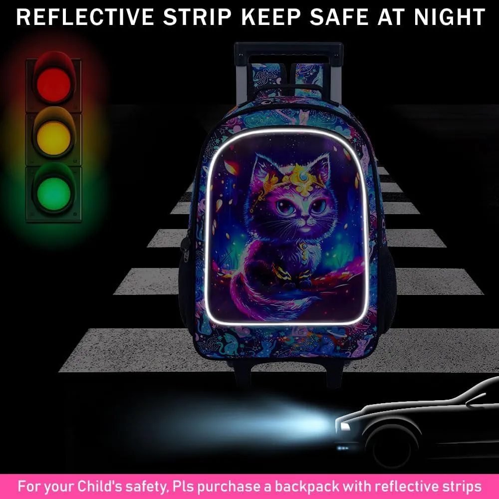 CCJPX 4PCS Rolling Backpack for Girls, Kids Cat Roller Wheels School Bookbag with Lunch Bag, Wheeled School Bag for Toddler Elementary Children