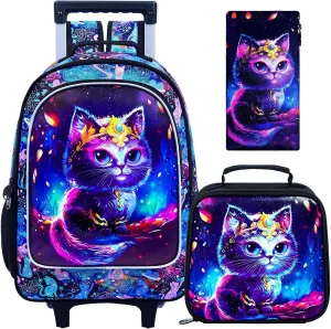 CCJPX 4PCS Rolling Backpack for Girls, Kids Cat Roller Wheels School Bookbag with Lunch Bag, Wheeled School Bag for Toddler Elementary Children