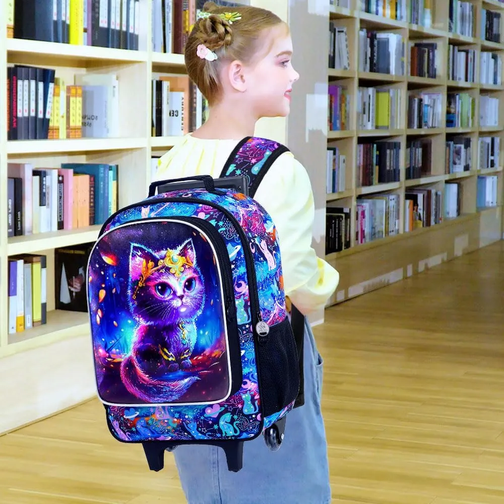 CCJPX 4PCS Rolling Backpack for Girls, Kids Cat Roller Wheels School Bookbag with Lunch Bag, Wheeled School Bag for Toddler Elementary Children