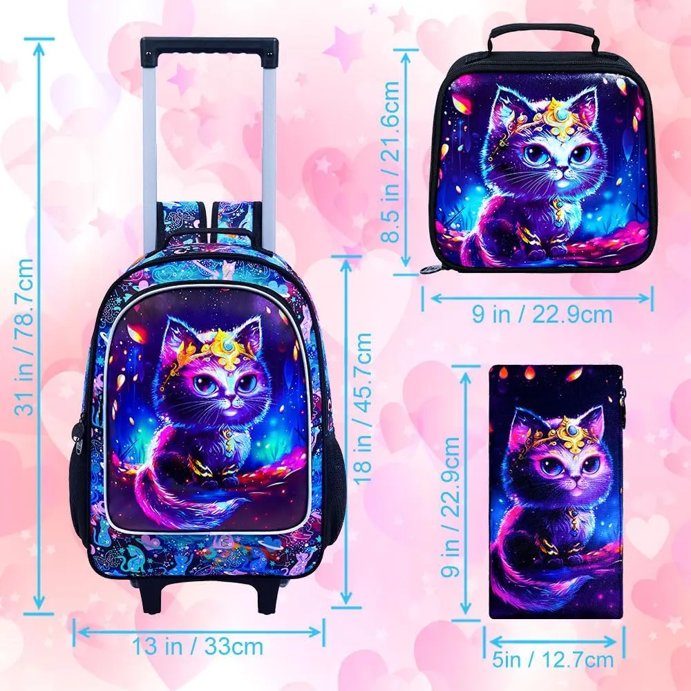 CCJPX 4PCS Rolling Backpack for Girls, Kids Cat Roller Wheels School Bookbag with Lunch Bag, Wheeled School Bag for Toddler Elementary Children
