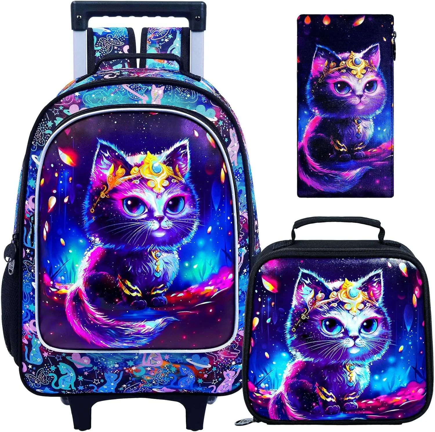 CCJPX 4PCS Rolling Backpack for Girls, Kids Cat Roller Wheels School Bookbag with Lunch Bag, Wheeled School Bag for Toddler Elementary Children