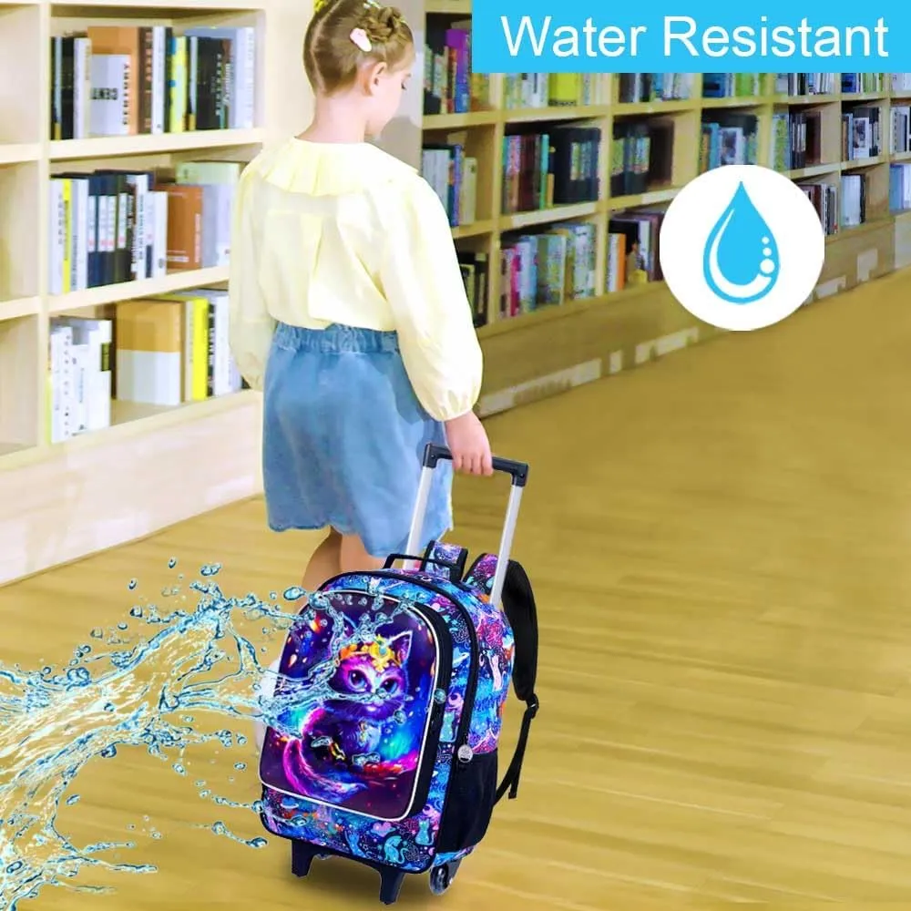 CCJPX 4PCS Rolling Backpack for Girls, Kids Cat Roller Wheels School Bookbag with Lunch Bag, Wheeled School Bag for Toddler Elementary Children