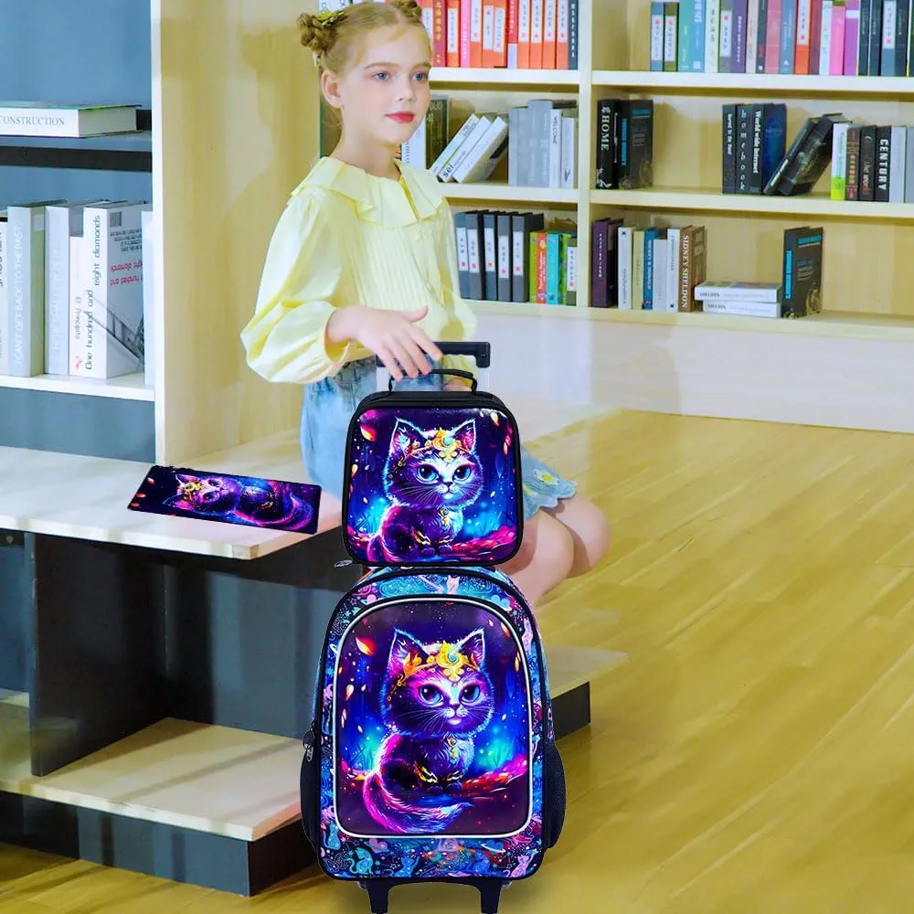 CCJPX 4PCS Rolling Backpack for Girls, Kids Cat Roller Wheels School Bookbag with Lunch Bag, Wheeled School Bag for Toddler Elementary Children
