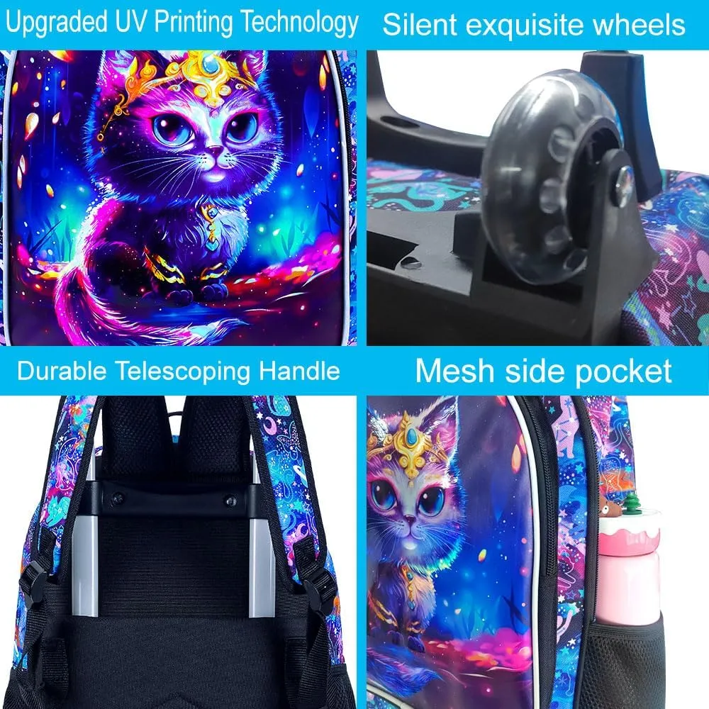CCJPX 4PCS Rolling Backpack for Girls, Kids Cat Roller Wheels School Bookbag with Lunch Bag, Wheeled School Bag for Toddler Elementary Children