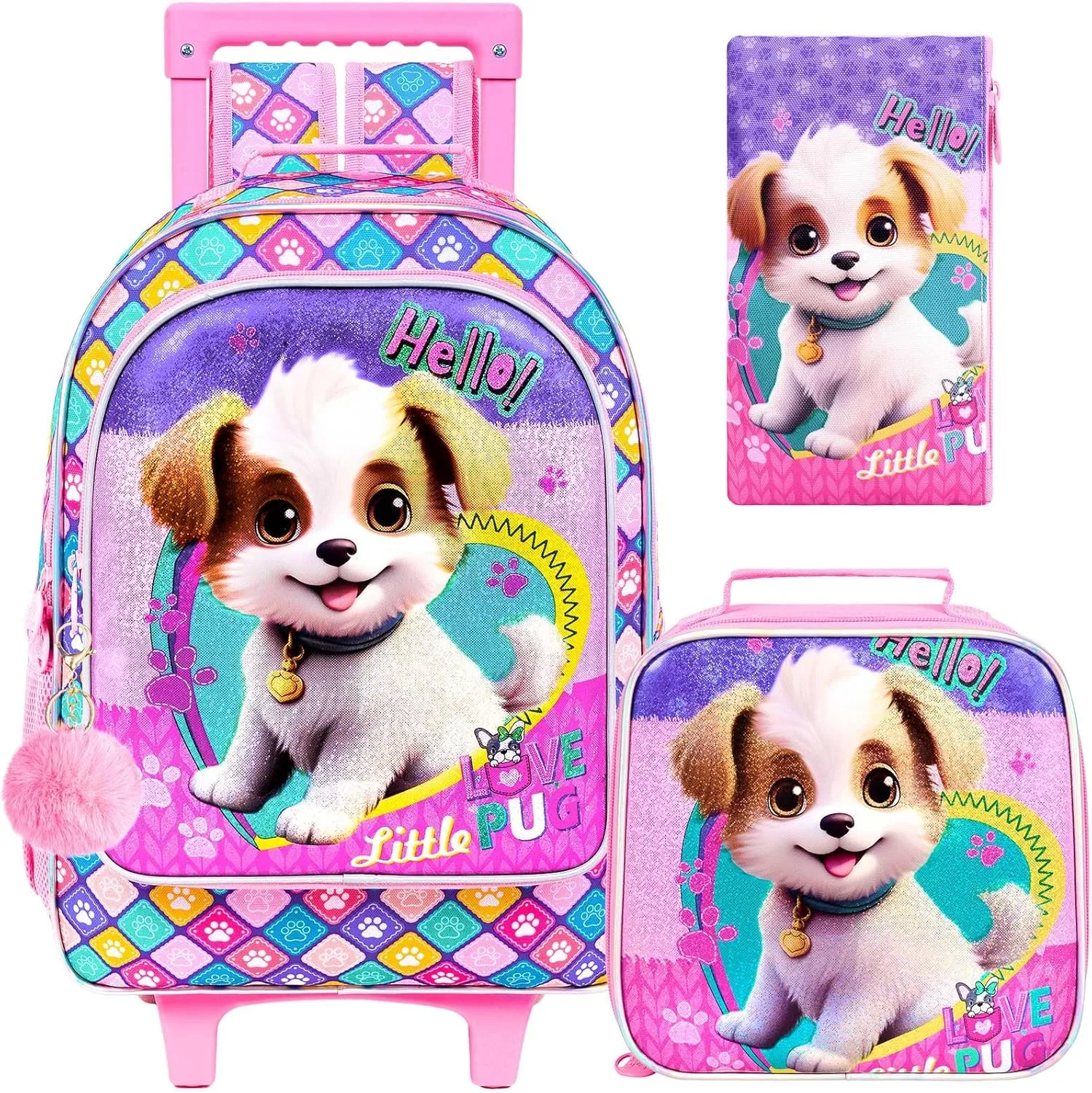 CCJPX 4PCS Rolling Backpack for Girls, Kids Roller Wheels School Bookbag with Lunch Bag, Wheeled School Bag for Toddler Elementary Children