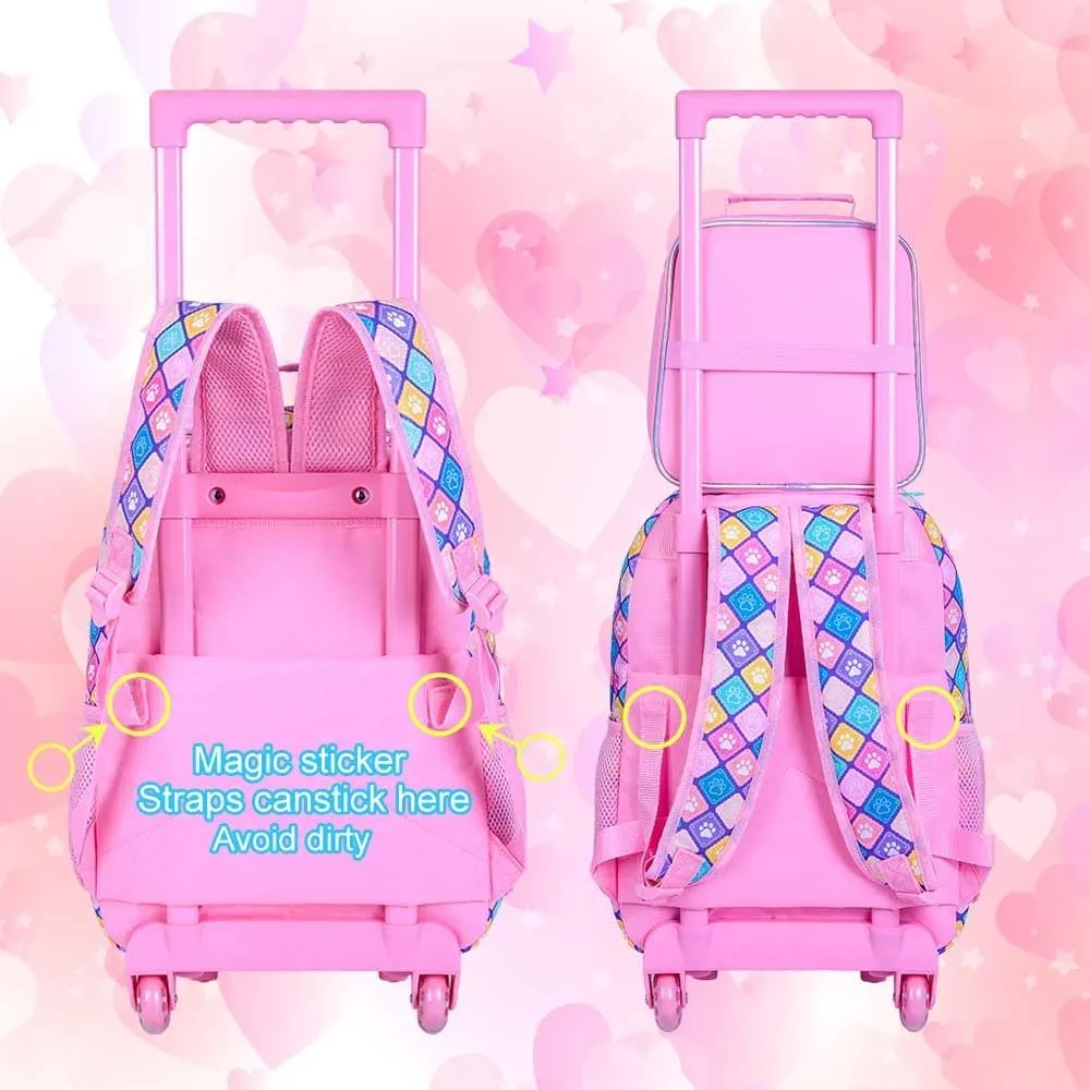 CCJPX 4PCS Rolling Backpack for Girls, Kids Roller Wheels School Bookbag with Lunch Bag, Wheeled School Bag for Toddler Elementary Children