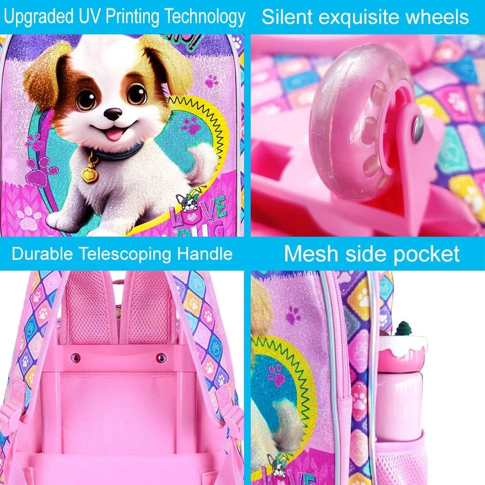 CCJPX 4PCS Rolling Backpack for Girls, Kids Roller Wheels School Bookbag with Lunch Bag, Wheeled School Bag for Toddler Elementary Children