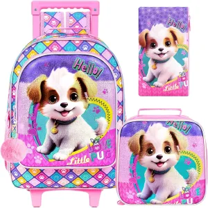 CCJPX 4PCS Rolling Backpack for Girls, Kids Roller Wheels School Bookbag with Lunch Bag, Wheeled School Bag for Toddler Elementary Children