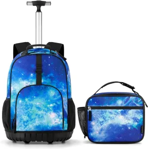 Choco Mocha Rolling Backpack Boys for Kids, 18 Inch Rolling Backpack for Elementary School Bookbag with Wheels, Roller Backpacks with Lunch Bag Set for Boys, Galaxy Green