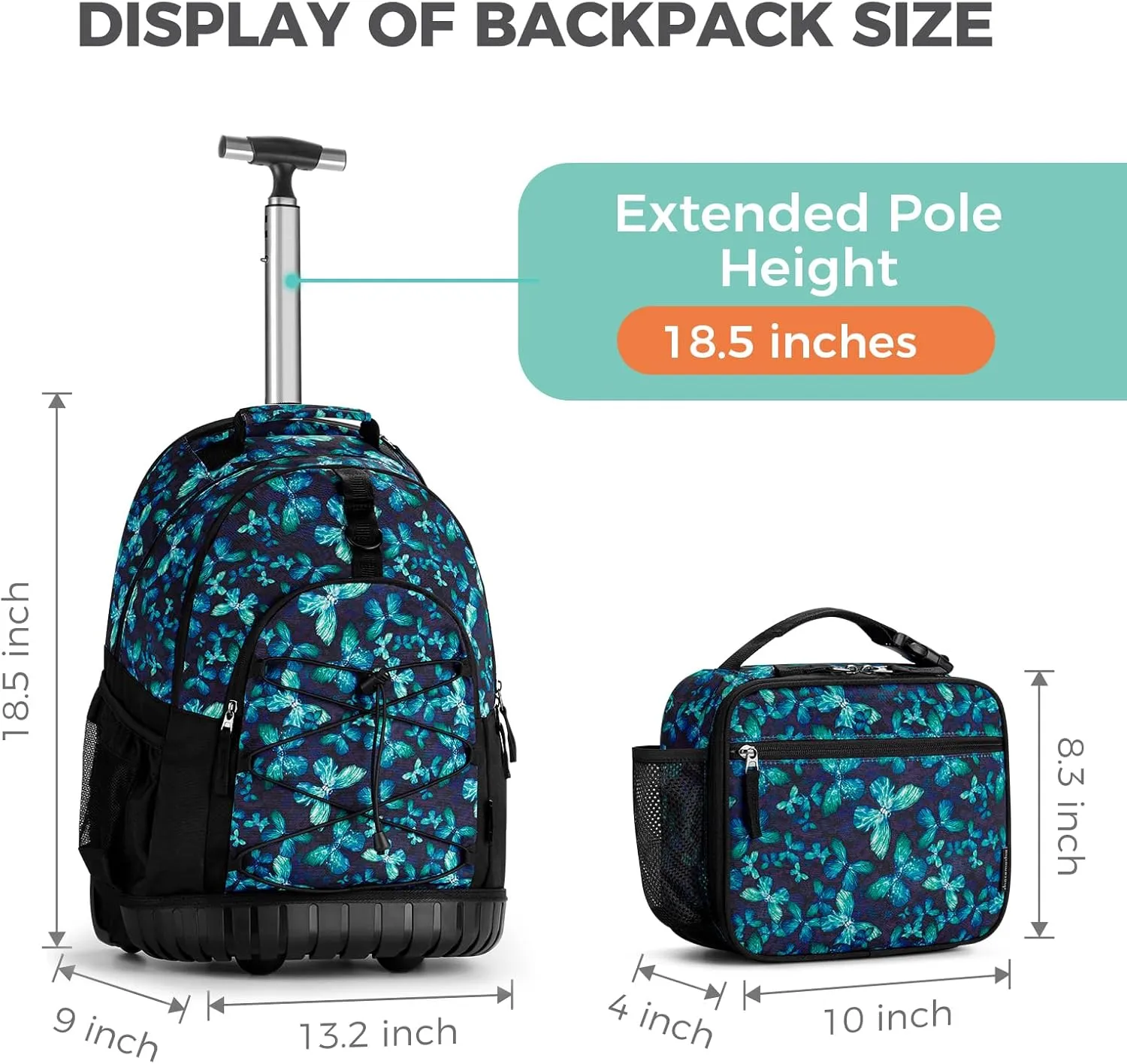 Choco Mocha Rolling Backpack for Girls, 18 Inch Roller Backpack for Middle School Bookbag with Wheels for Teen Girl, Butterfly Rolling Backpacks for Girls 8-12 with Lunch Bag Set, Blue