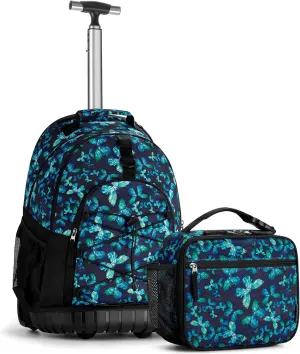 Choco Mocha Rolling Backpack for Girls, 18 Inch Roller Backpack for Middle School Bookbag with Wheels for Teen Girl, Butterfly Rolling Backpacks for Girls 8-12 with Lunch Bag Set, Blue