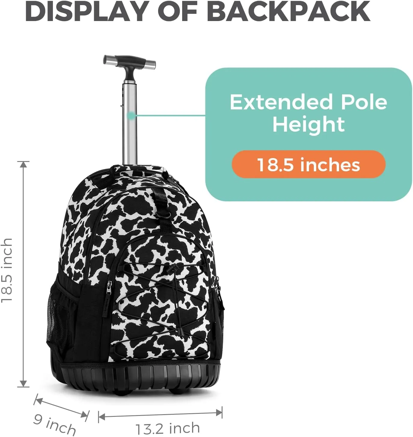 Choco Mocha Rolling Backpack for Girls, 18 Inch Roller Backpack for Middle School Bookbag with Wheels for Teen Girl, Cow Print Rolling Backpacks for Girls 8-12 with Lunch Bag Set, Black