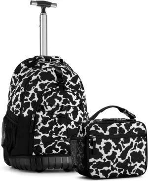 Choco Mocha Rolling Backpack for Girls, 18 Inch Roller Backpack for Middle School Bookbag with Wheels for Teen Girl, Cow Print Rolling Backpacks for Girls 8-12 with Lunch Bag Set, Black