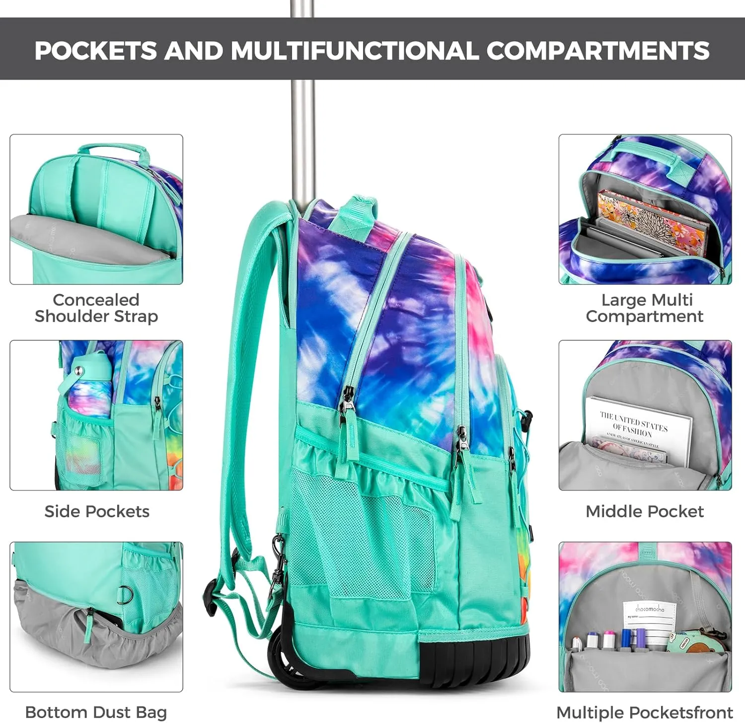 Choco Mocha Rolling Backpack for Girls, 18 Inch Roller Backpack for Middle School Bookbag with Wheels for Teen Girl, Leopard Rolling Backpacks for Girls 8-12 with Lunch Bag Set, Black