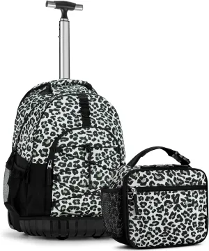 Choco Mocha Rolling Backpack for Girls, 18 Inch Roller Backpack for Middle School Bookbag with Wheels for Teen Girl, Leopard Rolling Backpacks for Girls 8-12 with Lunch Bag Set, Black