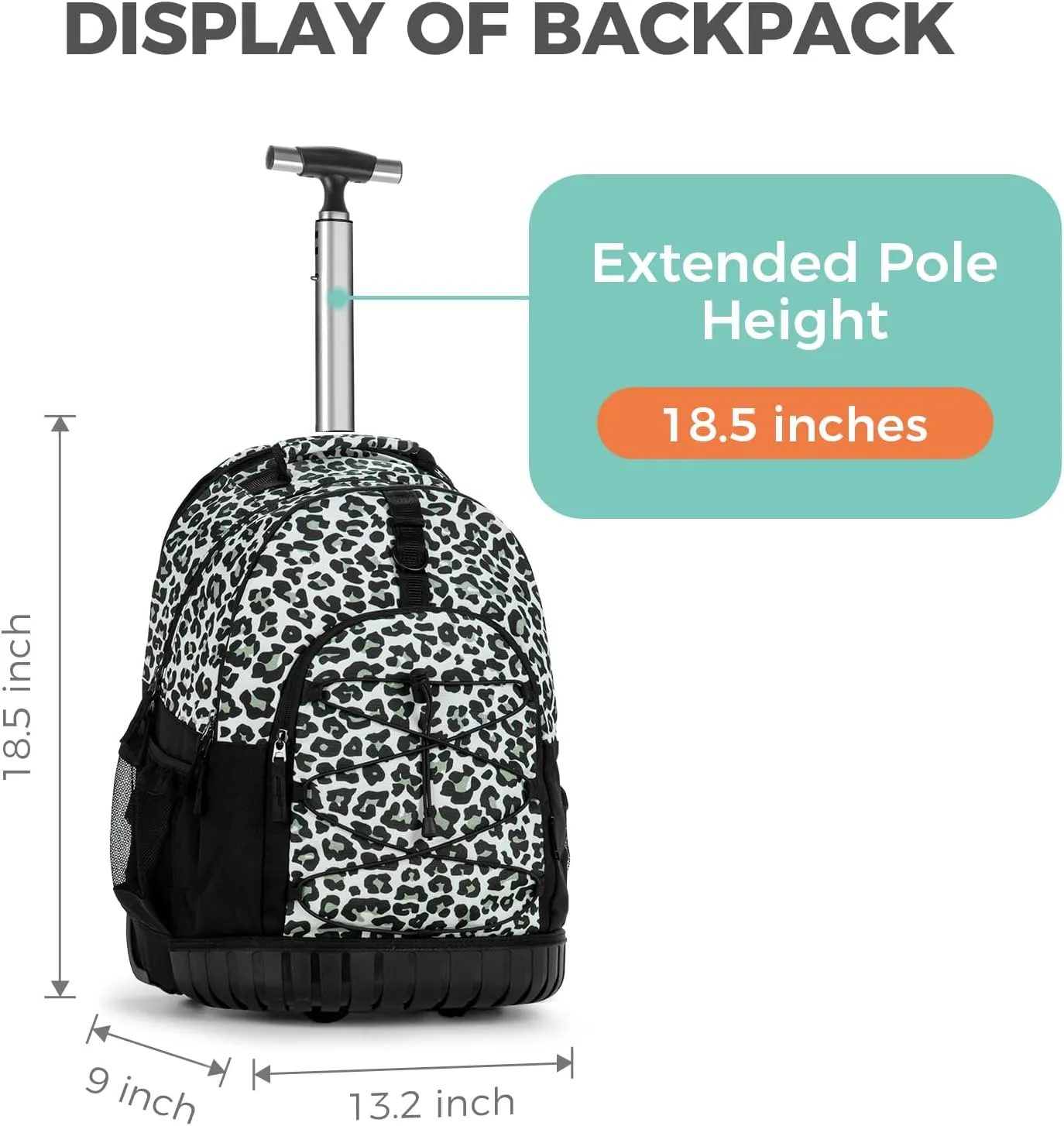 Choco Mocha Rolling Backpack for Girls, 18 Inch Roller Backpack for Middle School Bookbag with Wheels for Teen Girl, Leopard Rolling Backpacks for Girls 8-12 with Lunch Bag Set, Black