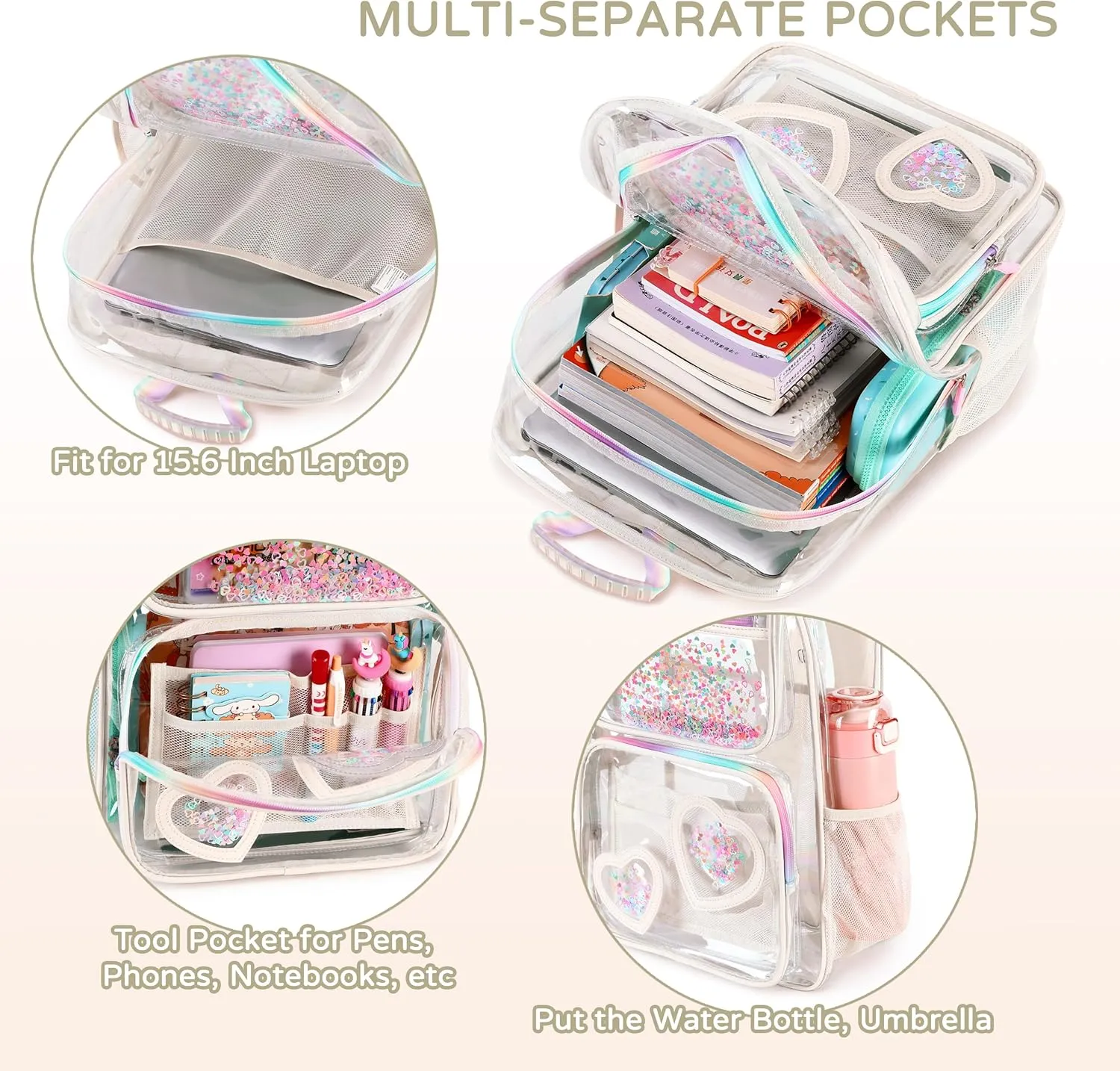 Clear Backpack for Girls,Transparent Backpacks Crossbody Bag for Kids Elementary School Student,Heavy Duty See Through Daypack 2PCS Bookbag Stadium Approved for Teen,College,Work,Travel,Concert White
