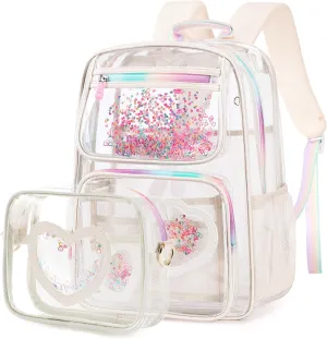 Clear Backpack for Girls,Transparent Backpacks Crossbody Bag for Kids Elementary School Student,Heavy Duty See Through Daypack 2PCS Bookbag Stadium Approved for Teen,College,Work,Travel,Concert White