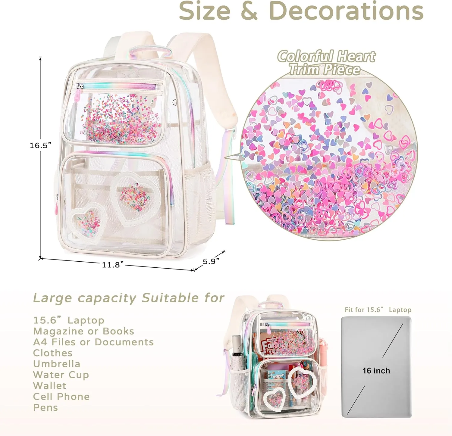 Clear Backpack for Girls,Transparent Backpacks Crossbody Bag for Kids Elementary School Student,Heavy Duty See Through Daypack 2PCS Bookbag Stadium Approved for Teen,College,Work,Travel,Concert White