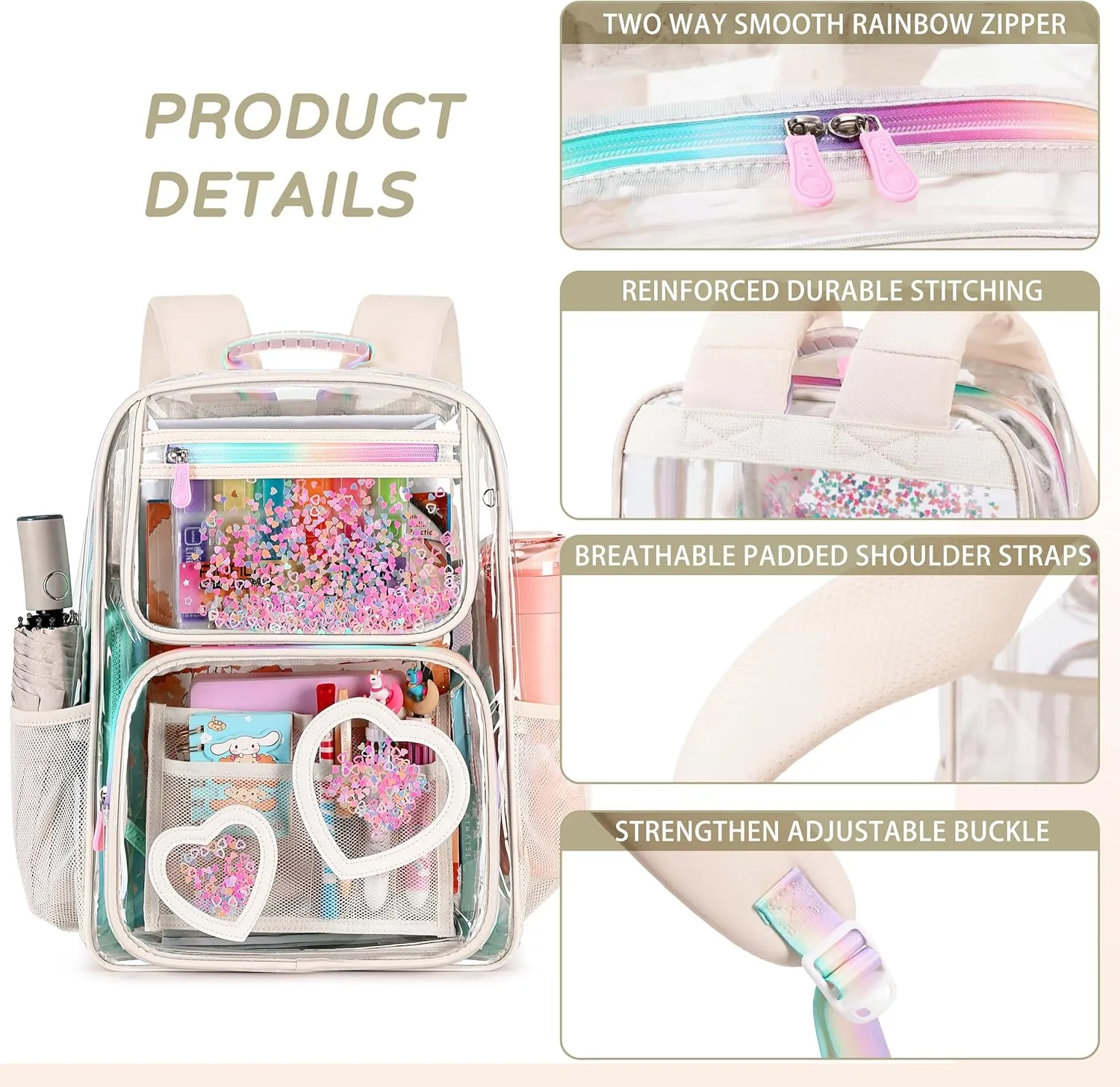 Clear Backpack for Girls,Transparent Backpacks Crossbody Bag for Kids Elementary School Student,Heavy Duty See Through Daypack 2PCS Bookbag Stadium Approved for Teen,College,Work,Travel,Concert White