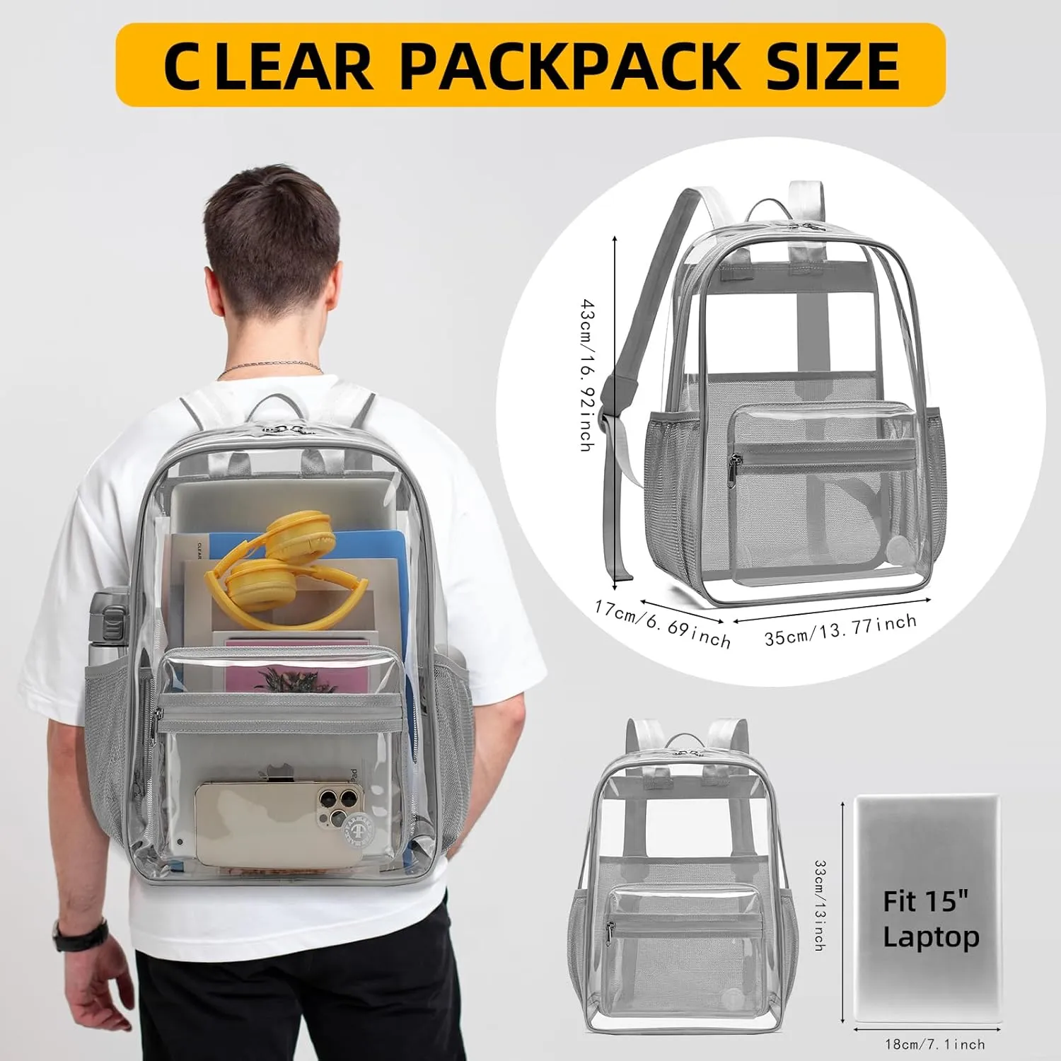 Clear Backpack Heavy Duty Clear Bookbag LargeTransparent Backpacks for College, Work, Stadium Events (Gray)