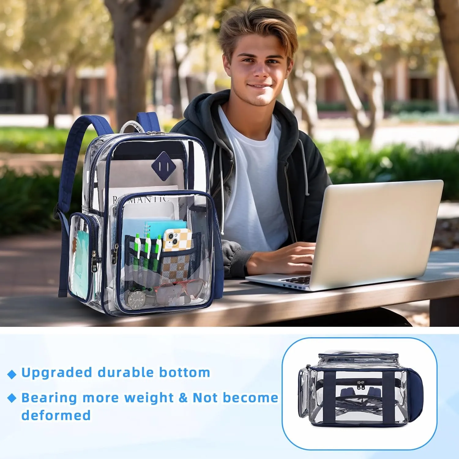 Clear Backpack, Heavy Duty PVC Transparent Backpack See Through Backpacks for School,Navy Blue