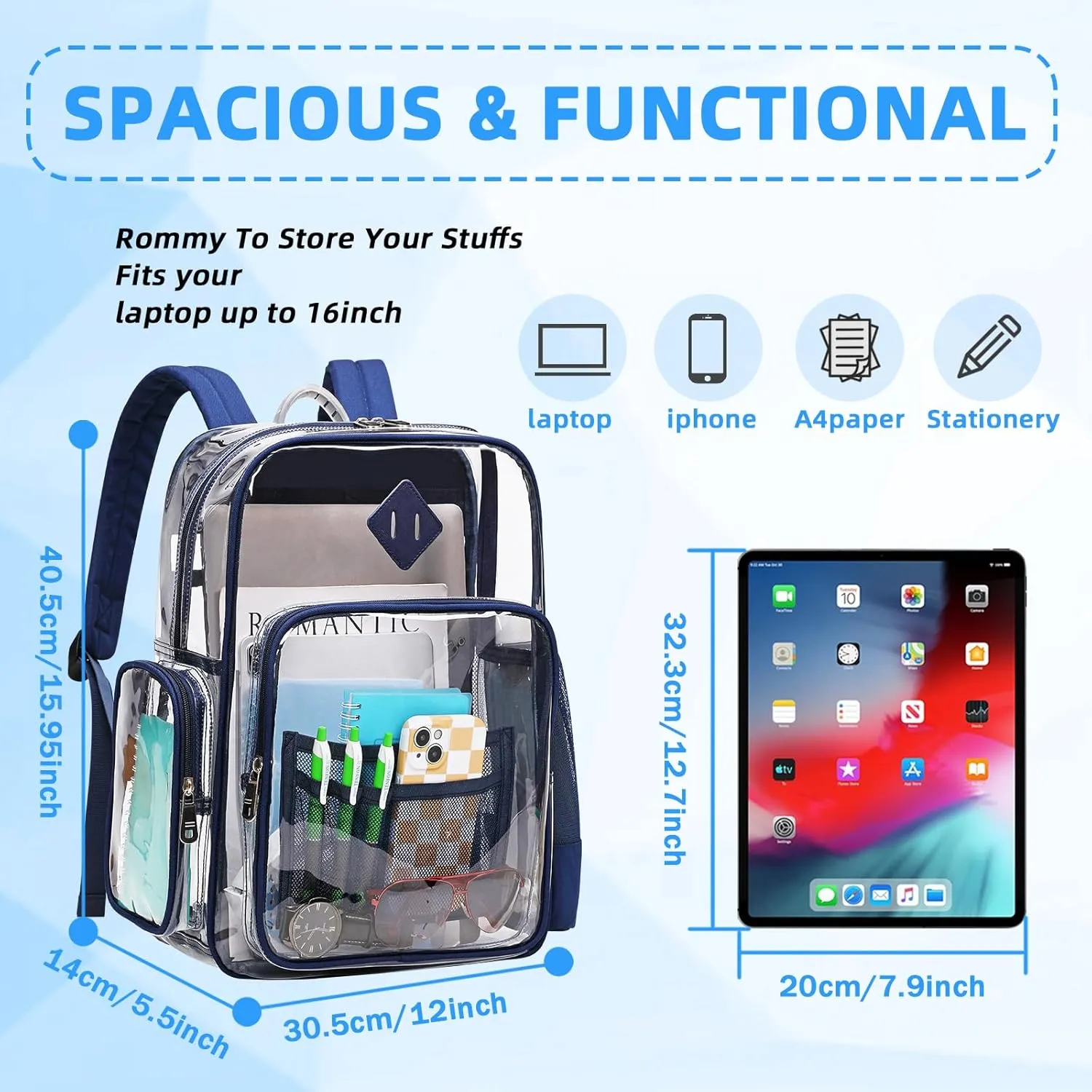 Clear Backpack, Heavy Duty PVC Transparent Backpack See Through Backpacks for School,Navy Blue