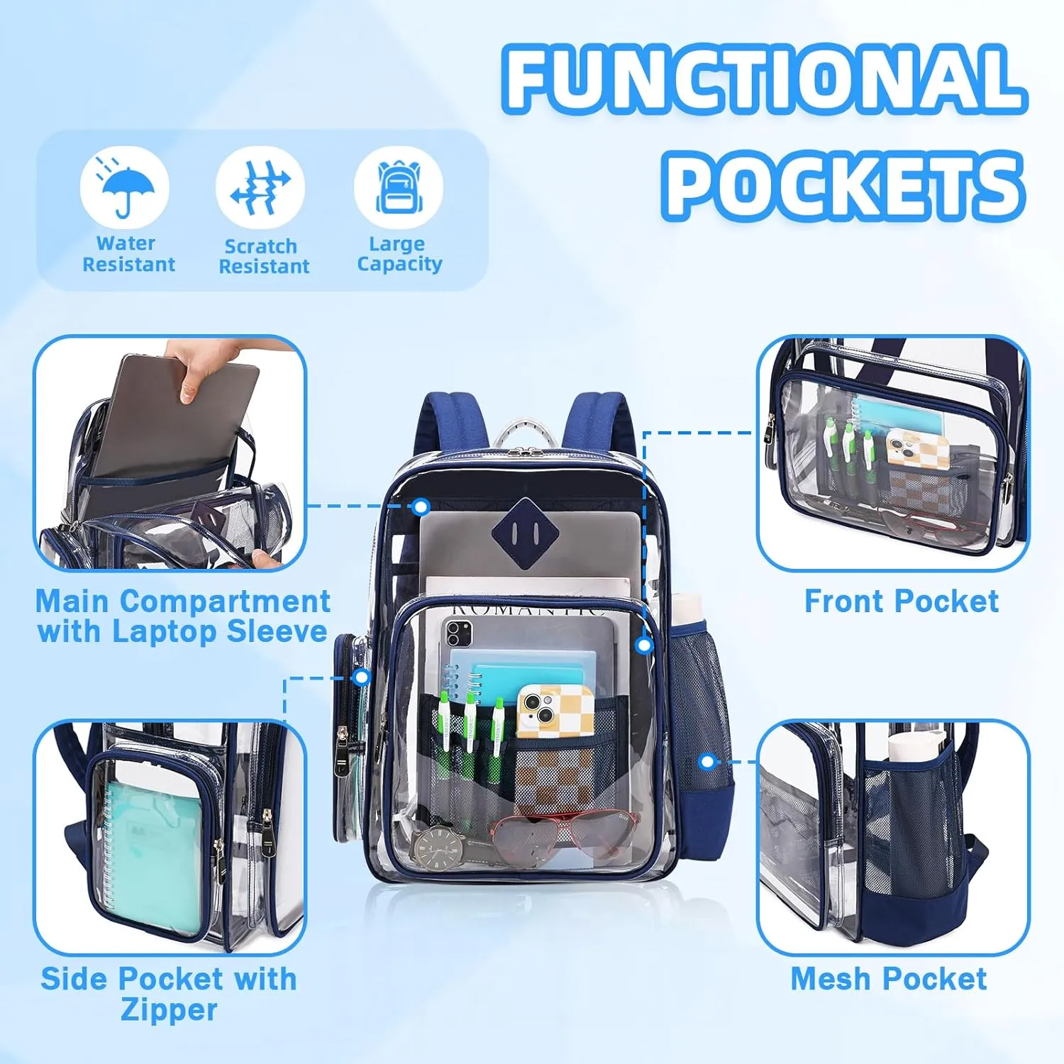 Clear Backpack, Heavy Duty PVC Transparent Backpack See Through Backpacks for School,Navy Blue