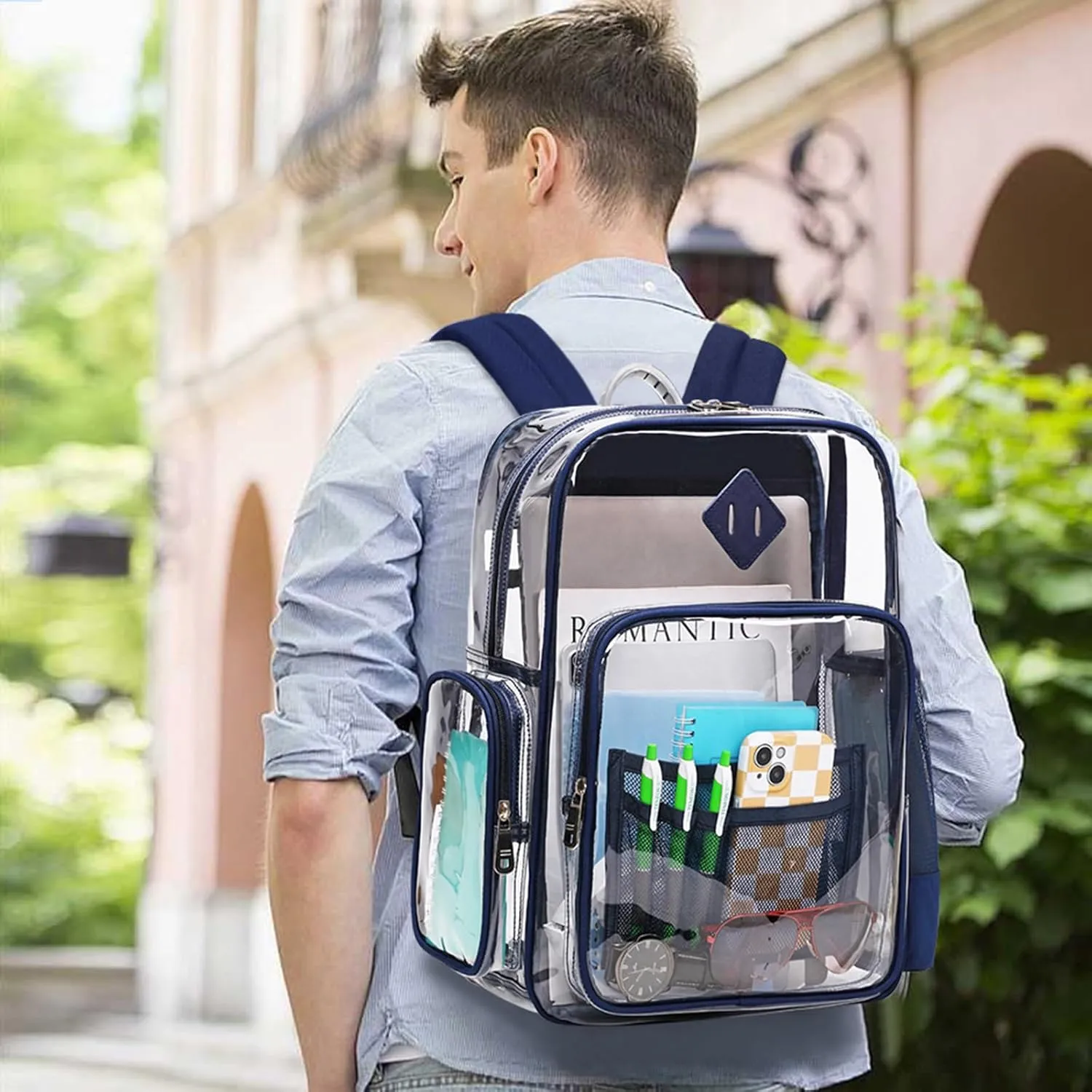 Clear Backpack, Heavy Duty PVC Transparent Backpack See Through Backpacks for School,Navy Blue