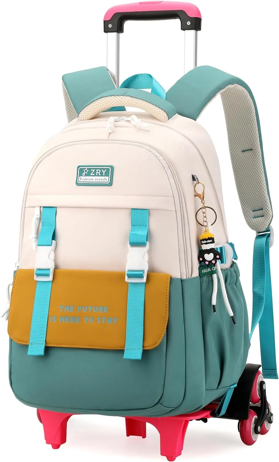 Color-blocking Rolling Backpack for Girls School Elementary, School Bags Girls Backpacks with 6 Wheels, Green