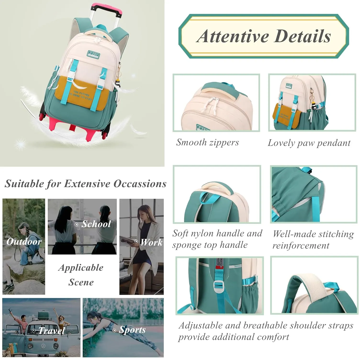 Color-blocking Rolling Backpack for Girls School Elementary, School Bags Girls Backpacks with 6 Wheels, Green