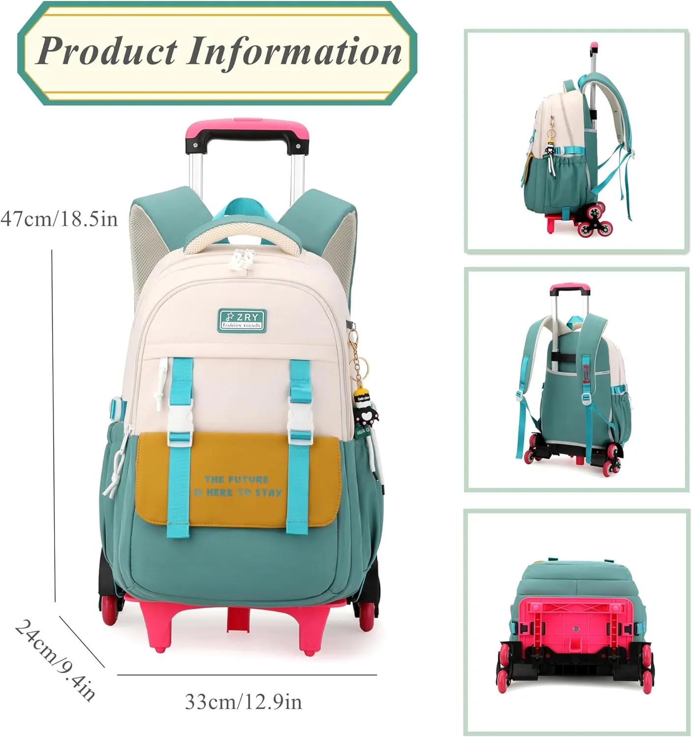 Color-blocking Rolling Backpack for Girls School Elementary, School Bags Girls Backpacks with 6 Wheels, Green