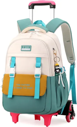 Color-blocking Rolling Backpack for Girls School Elementary, School Bags Girls Backpacks with 6 Wheels, Green