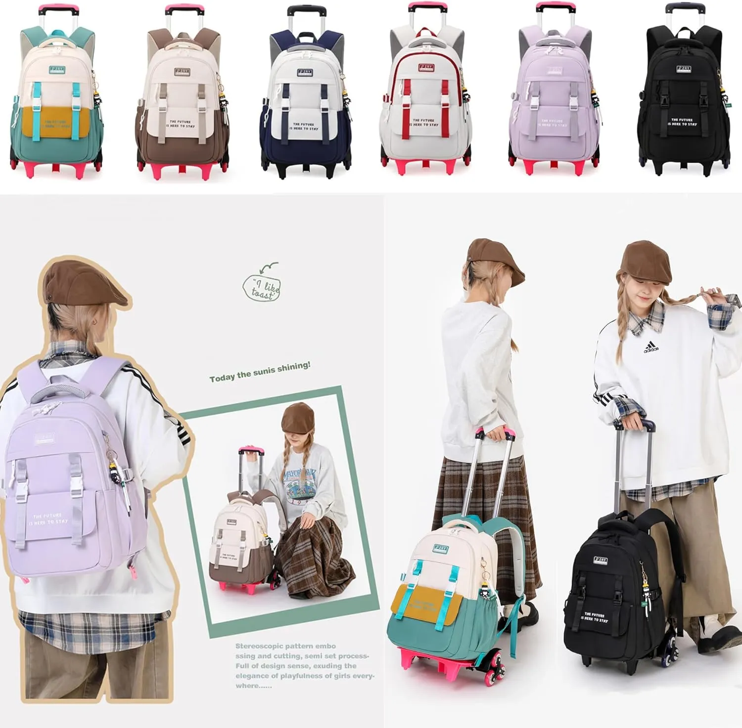 Color-blocking Rolling Backpack for Girls School Elementary, School Bags Girls Backpacks with 6 Wheels, Green