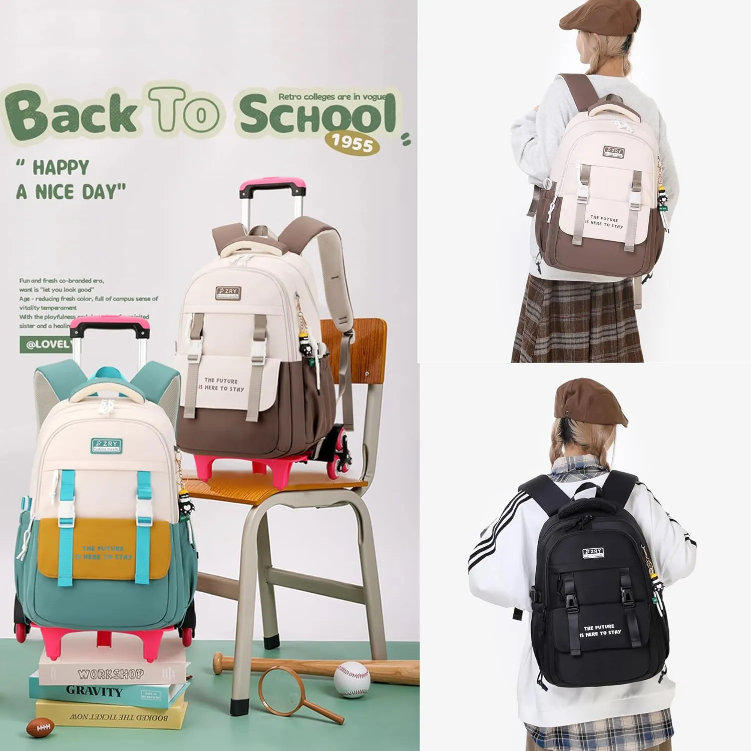 Color-blocking Rolling Backpack for Girls School Elementary, School Bags Girls Backpacks with 6 Wheels, Green