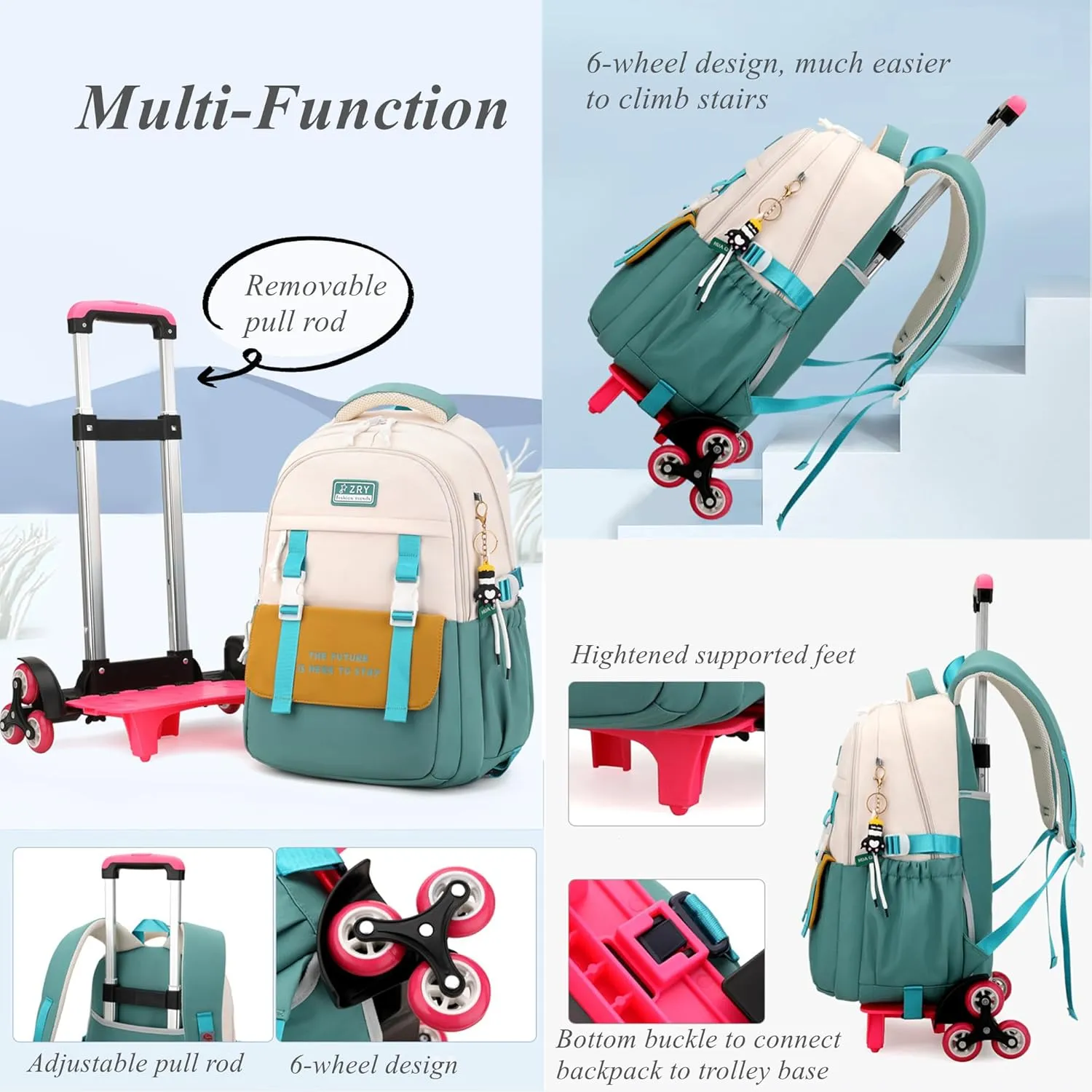 Color-blocking Rolling Backpack for Girls School Elementary, School Bags Girls Backpacks with 6 Wheels, Green