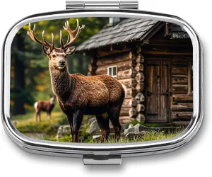 Country Lodge Bear Deer Travel Pill Organizer A Daily Pill Box for Supplements 2 Compartment Pill Case Convenient for Carrying and Storing Medicines Box