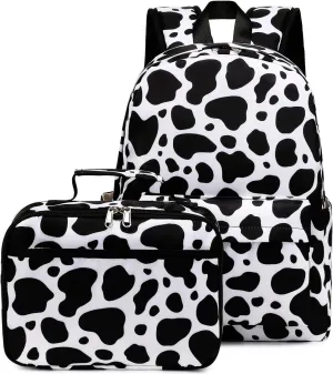 Cow Print Backpack for Girls - Preschool Kindergarten Bookbag with Lunch Box - Black White Cow Print