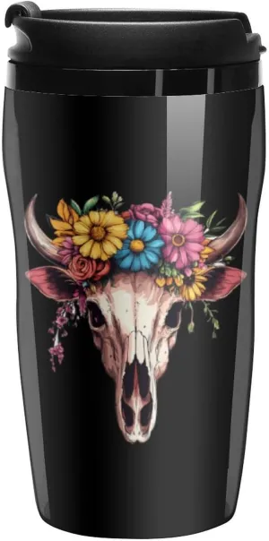 Cow Skull Flowers Coffee Mug with Lid Portable Tumbler Water Bottle for Travel Business 250ml