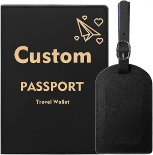 Custom Passport Holder Cover, Personalized Passport Holder and Luggage Tag with Your Text Logo Photo Portable PU Leather Passport Cover for Women and Men (Black)