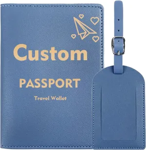 Custom Passport Holder Cover, Personalized Passport Holder and Luggage Tag with Your Text Logo Photo Portable PU Leather Passport Cover for Women and Men (Blue)