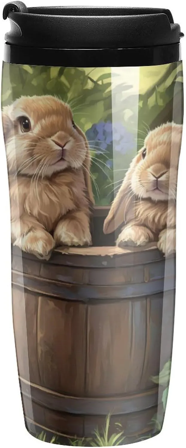 Cute Bunny Flowers Coffee Mug with Lid Portable Tumbler Water Bottle for Travel Business 350ml